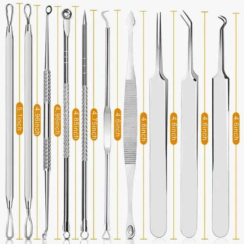 Kit de 8 peças para remoção de cravos e espinhas, em aço inoxidável, com design profissional e ergonômico, ideal para cuidados com a pele.