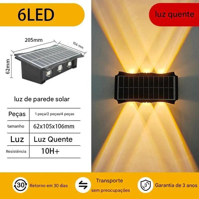 Luminária Solar LED para Parede IP65 impermeável com design ajustável, energia solar eficiente e iluminação decorativa para ambientes externos.