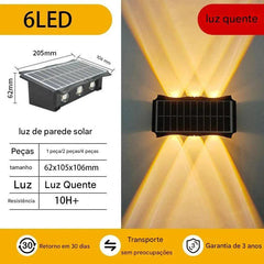 Luminária Solar LED para Parede IP65 impermeável com design ajustável, energia solar eficiente e iluminação decorativa para ambientes externos.