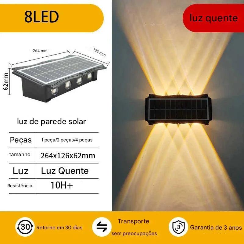 Luminária Solar LED para Parede IP65 impermeável com design ajustável, energia solar eficiente e iluminação decorativa para ambientes externos.