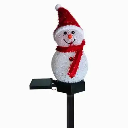 Imagem de luzes de Natal solar LED em formato de boneco de neve, ideais para decoração externa e resistentes à água.