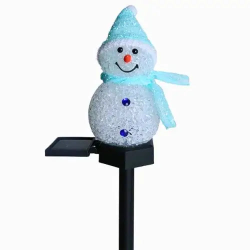 Imagem de luzes de Natal solar LED em formato de boneco de neve, ideais para decoração externa e resistentes à água.