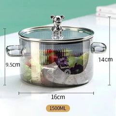 Panela de vidro temperado com tampa decorativa de urso, ideal para cozinhar com elegância e praticidade.