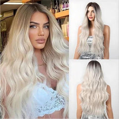 Peruca Lace Longa Ondulada  Loiro platinado com raiz esfumada escura