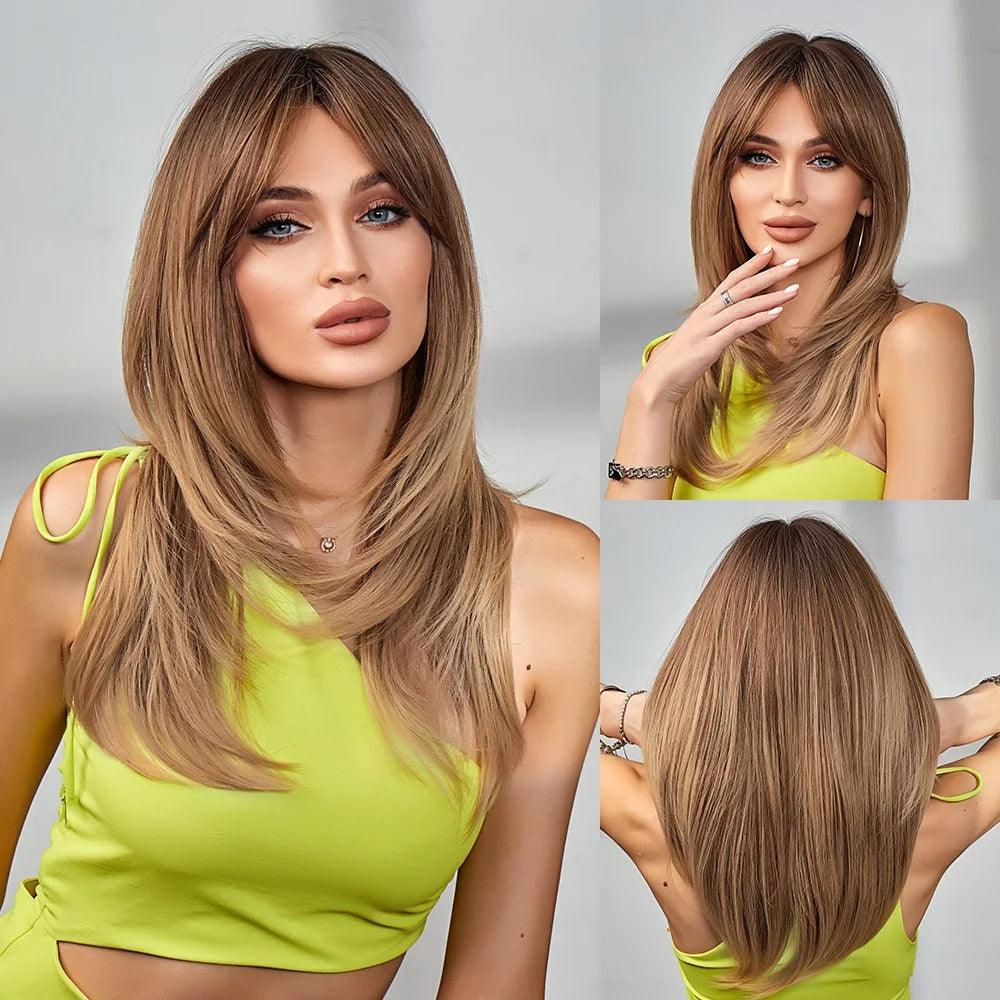 Peruca Feminina Longa com Franja Camadas Naturais Lace Front – efeito natural, fios sedosos e ajuste confortável.