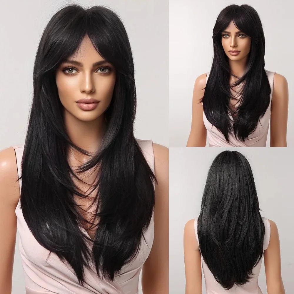 Peruca Feminina Longa com Franja Camadas Naturais Lace Front – efeito natural, fios sedosos e ajuste confortável.