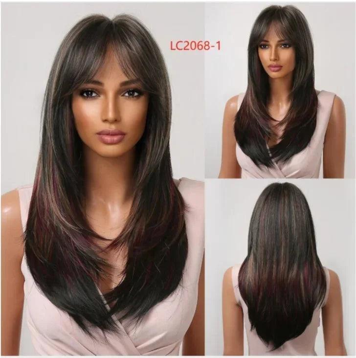 Peruca Feminina Longa com Franja Camadas Naturais Lace Front – efeito natural, fios sedosos e ajuste confortável.