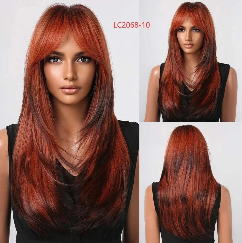 Peruca Feminina Longa com Franja Camadas Naturais Lace Front – efeito natural, fios sedosos e ajuste confortável.