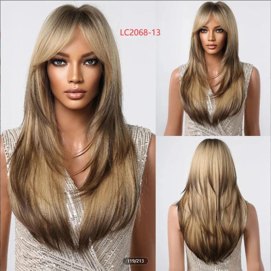 Peruca Feminina Longa com Franja Camadas Naturais Lace Front – efeito natural, fios sedosos e ajuste confortável.