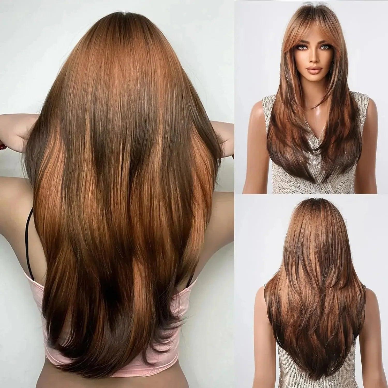 Peruca Feminina Longa com Franja Camadas Naturais Lace Front – efeito natural, fios sedosos e ajuste confortável.