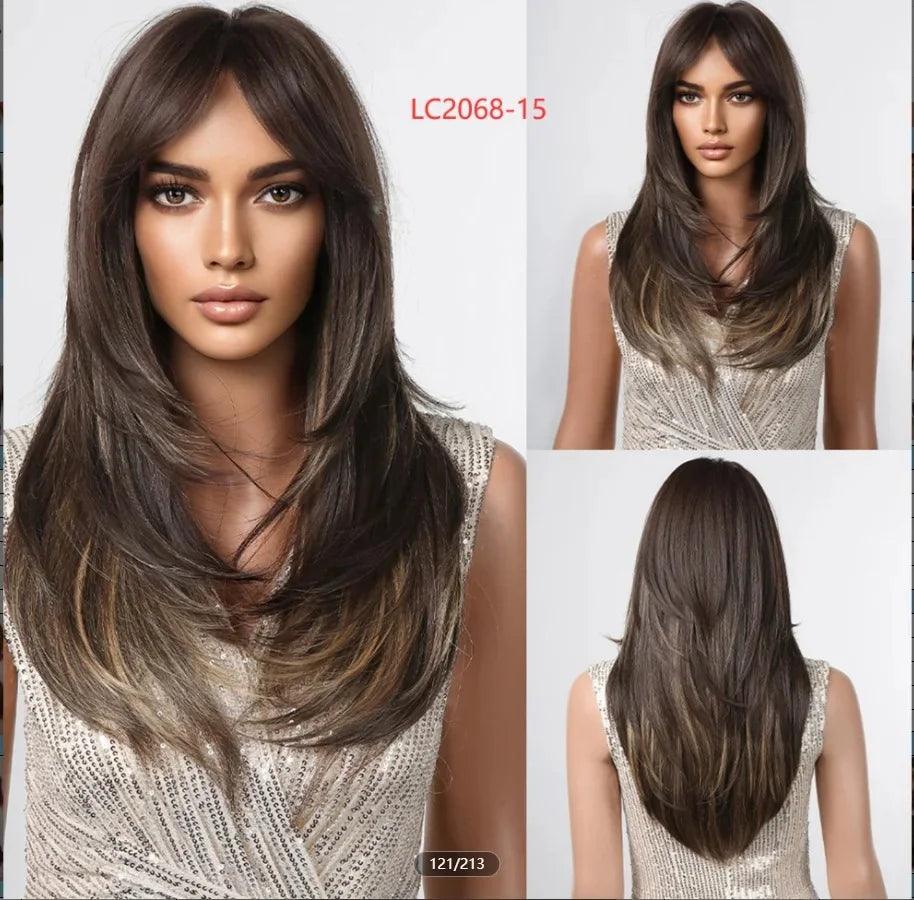 Peruca Feminina Longa com Franja Camadas Naturais Lace Front – efeito natural, fios sedosos e ajuste confortável.