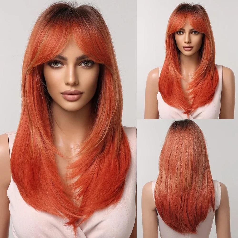 Peruca Feminina Longa com Franja Camadas Naturais Lace Front – efeito natural, fios sedosos e ajuste confortável.