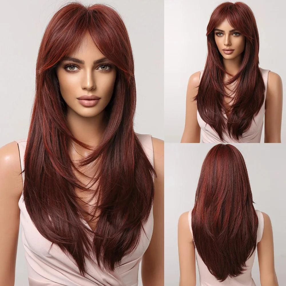 Peruca Feminina Longa com Franja Camadas Naturais Lace Front – efeito natural, fios sedosos e ajuste confortável.