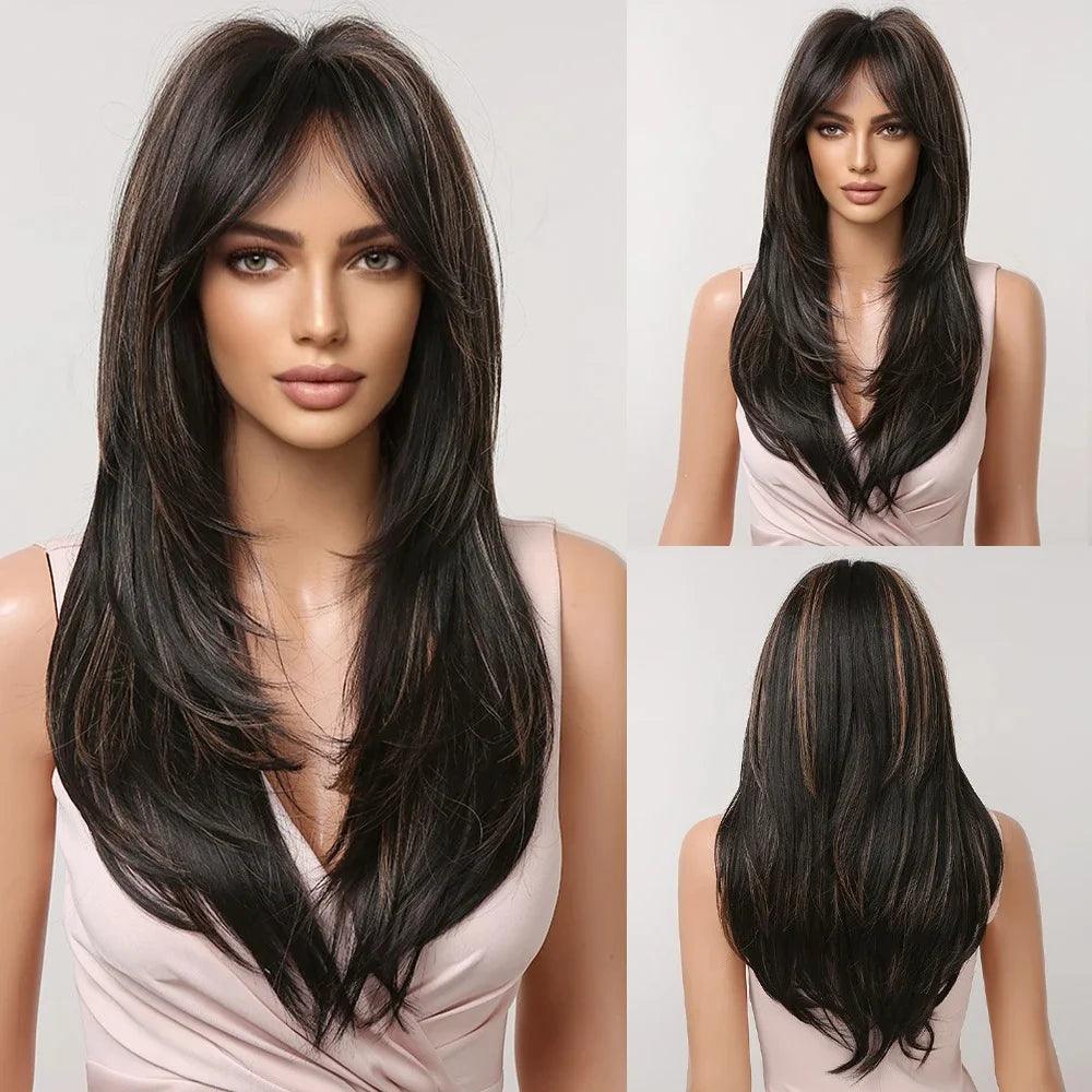 Peruca Feminina Longa com Franja Camadas Naturais Lace Front – efeito natural, fios sedosos e ajuste confortável.