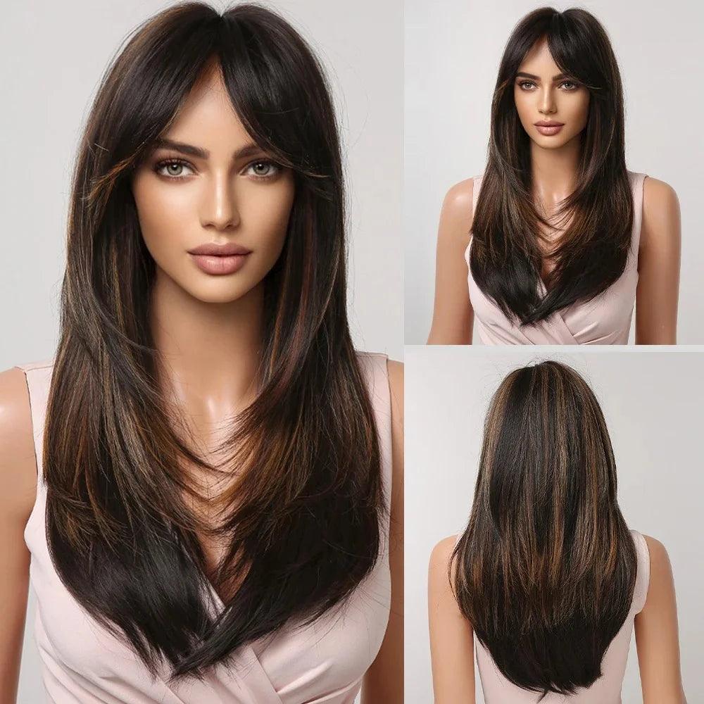 Peruca Feminina Longa com Franja Camadas Naturais Lace Front – efeito natural, fios sedosos e ajuste confortável.