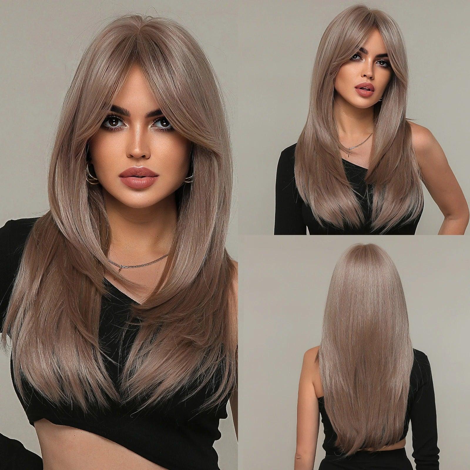 Peruca Feminina Longa com Franja Camadas Naturais Lace Front – efeito natural, fios sedosos e ajuste confortável.