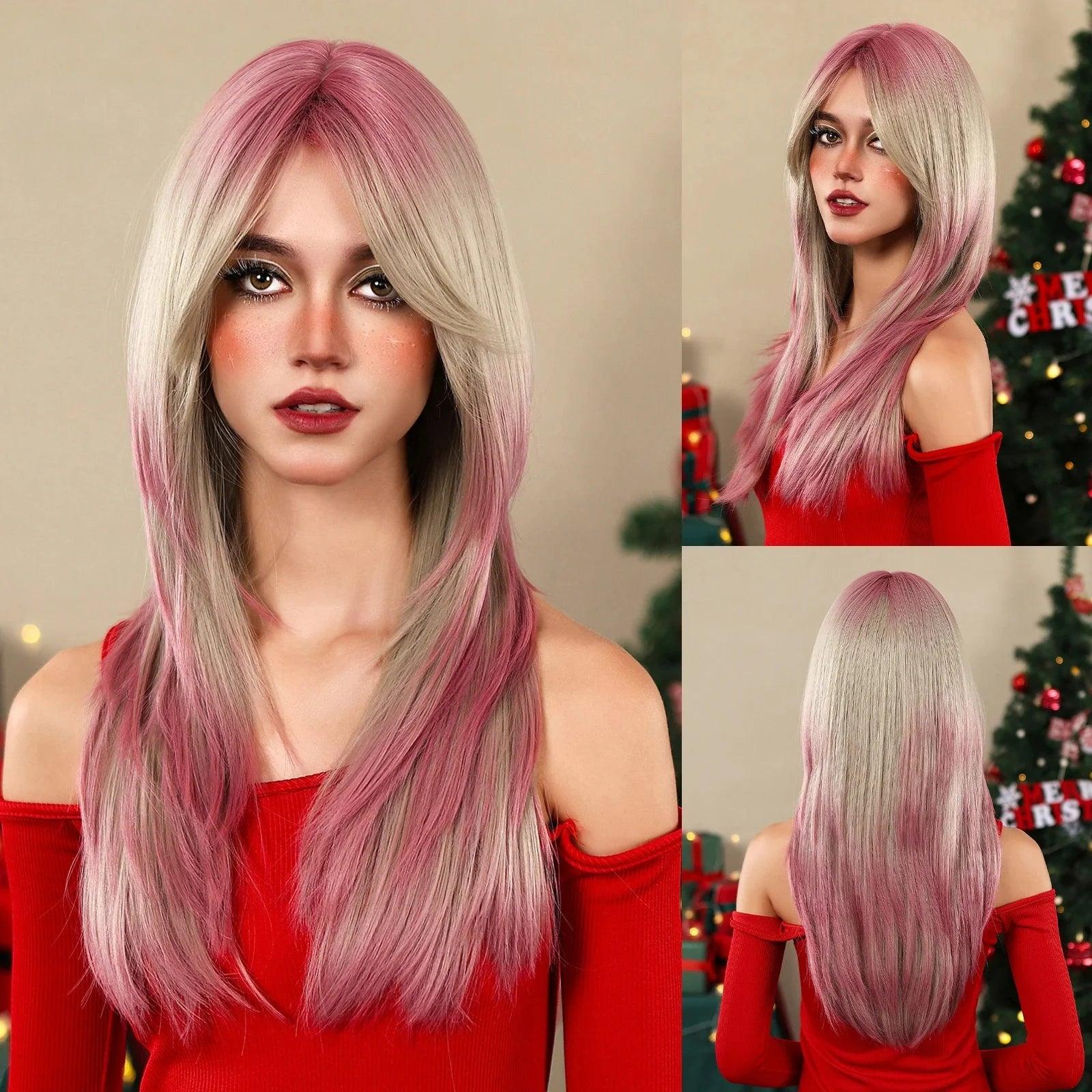 Peruca Feminina Longa com Franja Camadas Naturais Lace Front – efeito natural, fios sedosos e ajuste confortável.