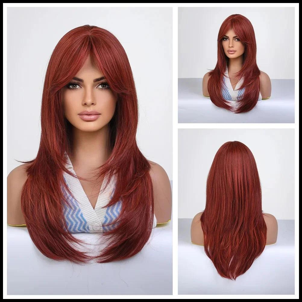 Peruca Feminina Longa com Franja Camadas Naturais Lace Front – efeito natural, fios sedosos e ajuste confortável.