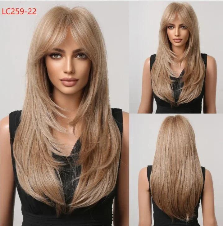 Peruca Feminina Longa com Franja Camadas Naturais Lace Front – efeito natural, fios sedosos e ajuste confortável.