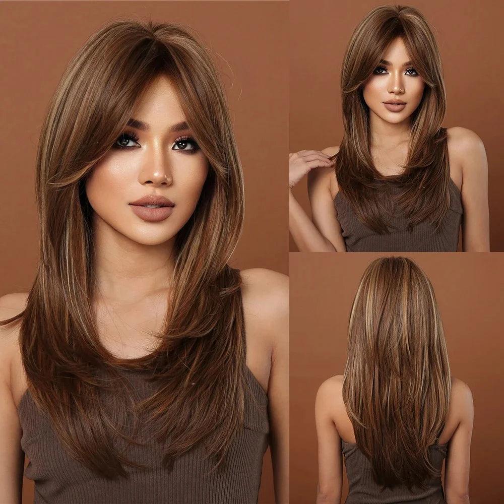 Peruca Feminina Longa com Franja Camadas Naturais Lace Front – efeito natural, fios sedosos e ajuste confortável.