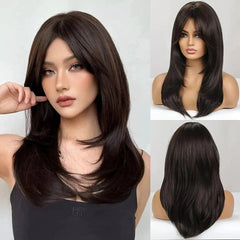 Peruca Feminina Longa com Franja Camadas Naturais Lace Front – efeito natural, fios sedosos e ajuste confortável.