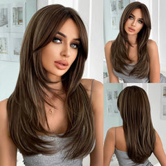 Peruca Feminina Longa com Franja Camadas Naturais Lace Front – efeito natural, fios sedosos e ajuste confortável.