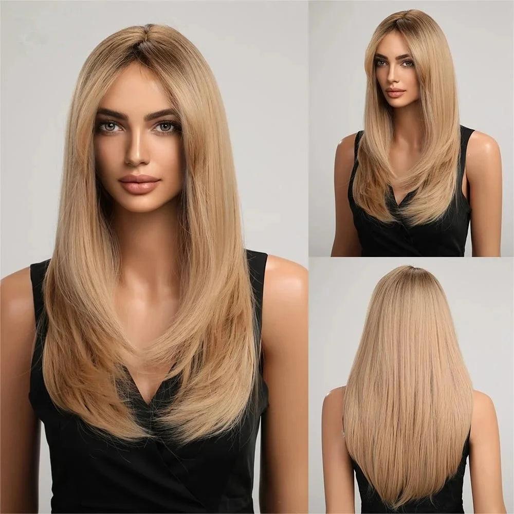 Peruca Feminina Longa com Franja Camadas Naturais Lace Front – efeito natural, fios sedosos e ajuste confortável.