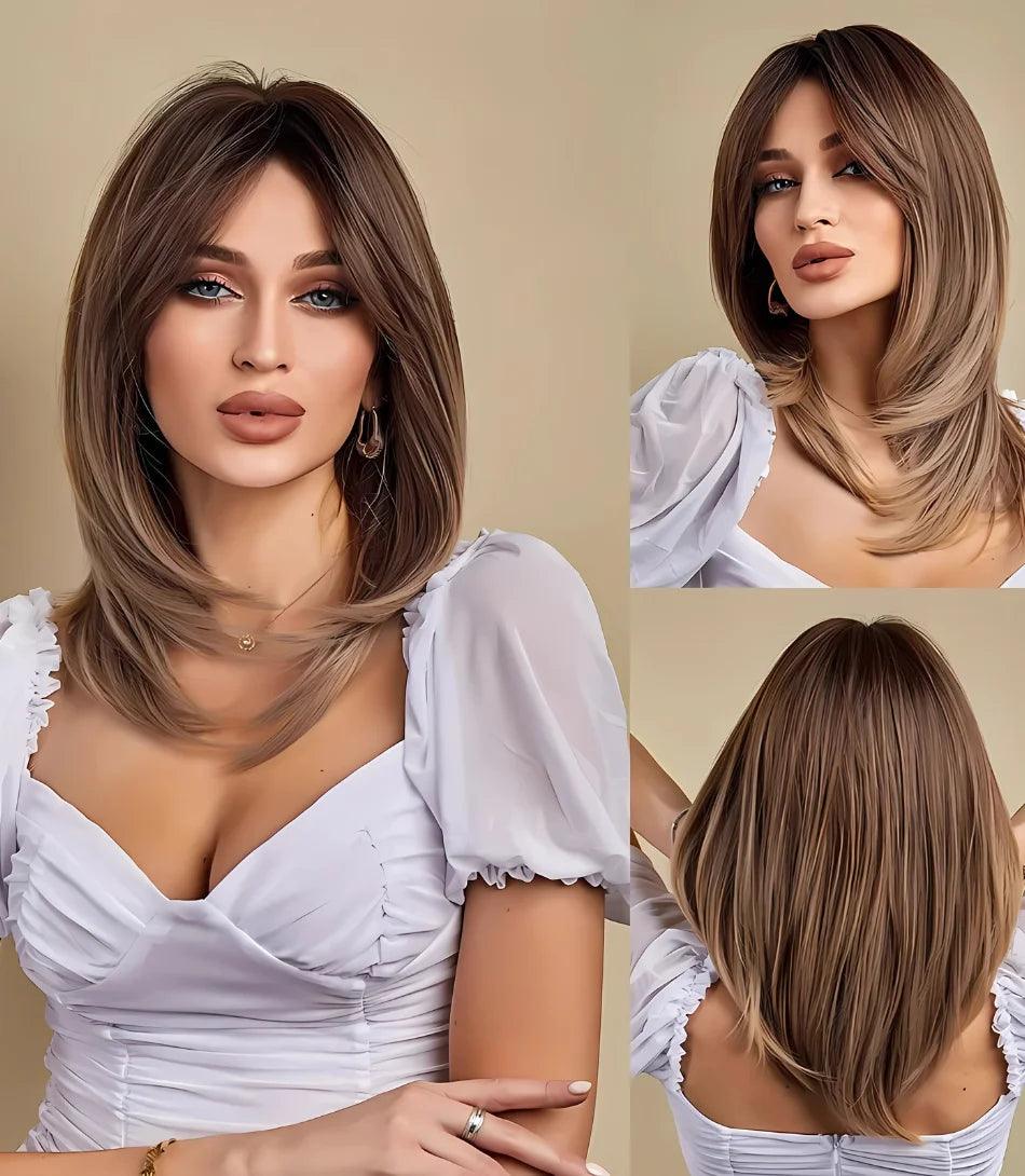 Peruca Lace Front média com franja e camadas naturais, fios premium ultra-realistas, ajuste confortável e resistência ao calor para um visual sofisticado.