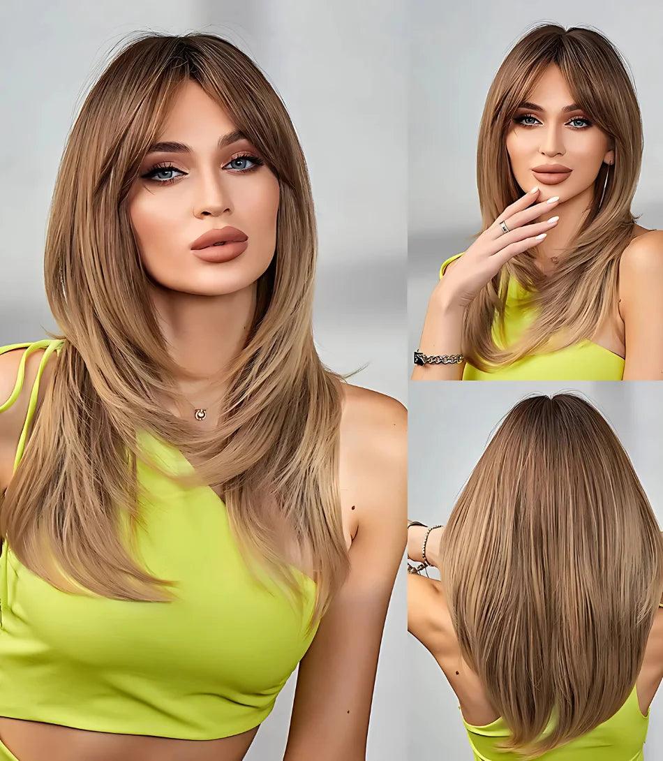 Peruca Lace Front média com franja e camadas naturais, fios premium ultra-realistas, ajuste confortável e resistência ao calor para um visual sofisticado.