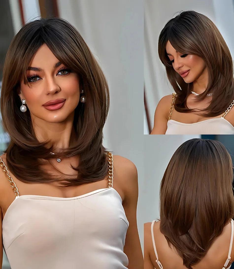 Peruca Lace Front média com franja e camadas naturais, fios premium ultra-realistas, ajuste confortável e resistência ao calor para um visual sofisticado.