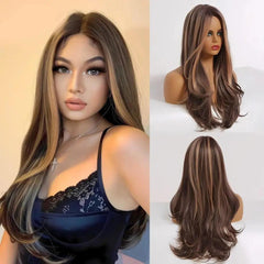 Peruca de cabelo natural feminina longa, ondulada, lace front e resistente ao calor até 150°C.