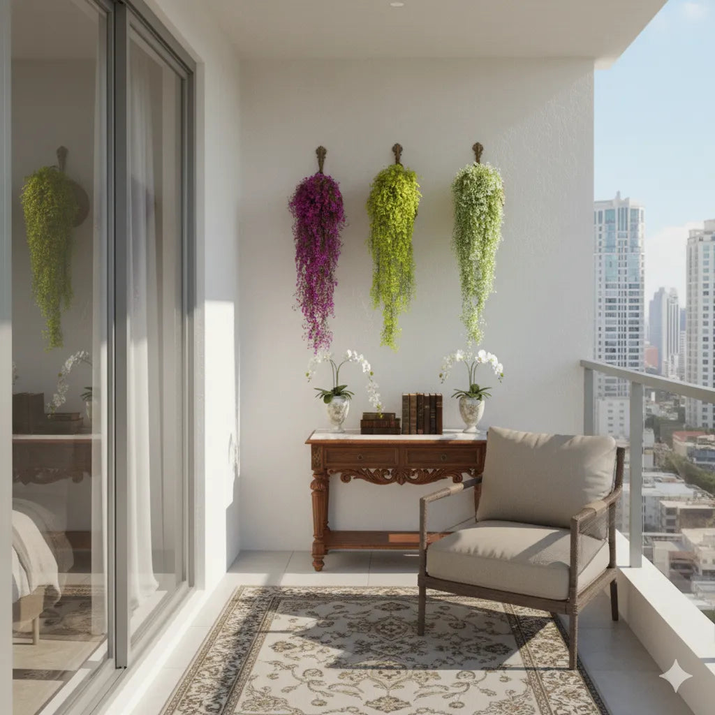 Planta Artificial Pendente de 80cm decorando parede com elegância.