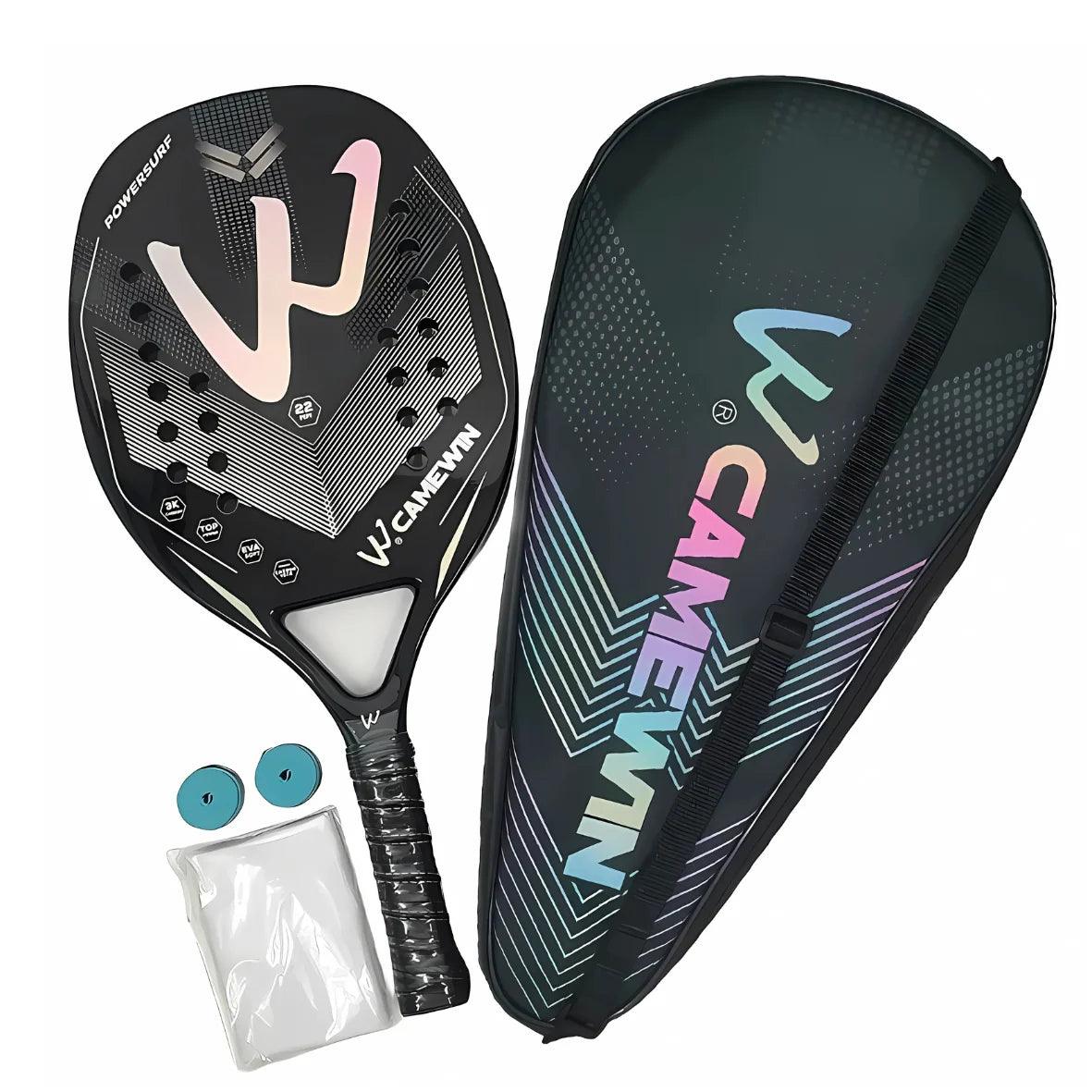 Raquete Beach Tennis Carbono 3K EVA Soft Grip 22mm, com design aerodinâmico e tecnologia de absorção de impacto.