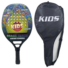 Raquete Beach Tennis Infantil com 50% fibra de carbono e EVA, design leve e resistente, ideal para crianças e adolescentes aprimorarem seus golpes na areia.