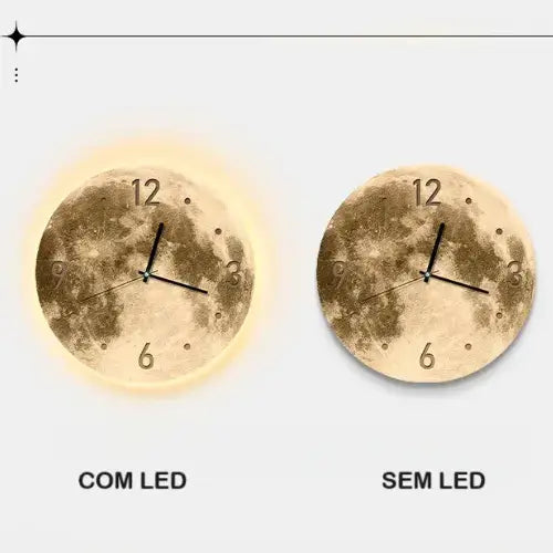 Relógio De Parede Decorativo Lua com LED ajustável, design elegante e moderno, ideal para decoração de sala, quarto e escritório.