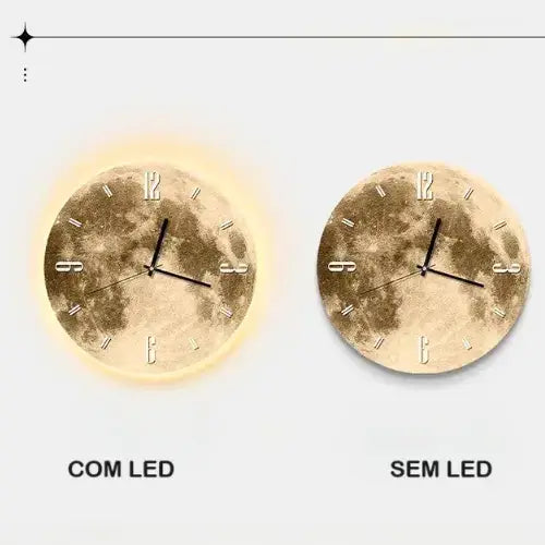 Relógio De Parede Decorativo Lua com LED ajustável, design elegante e moderno, ideal para decoração de sala, quarto e escritório.