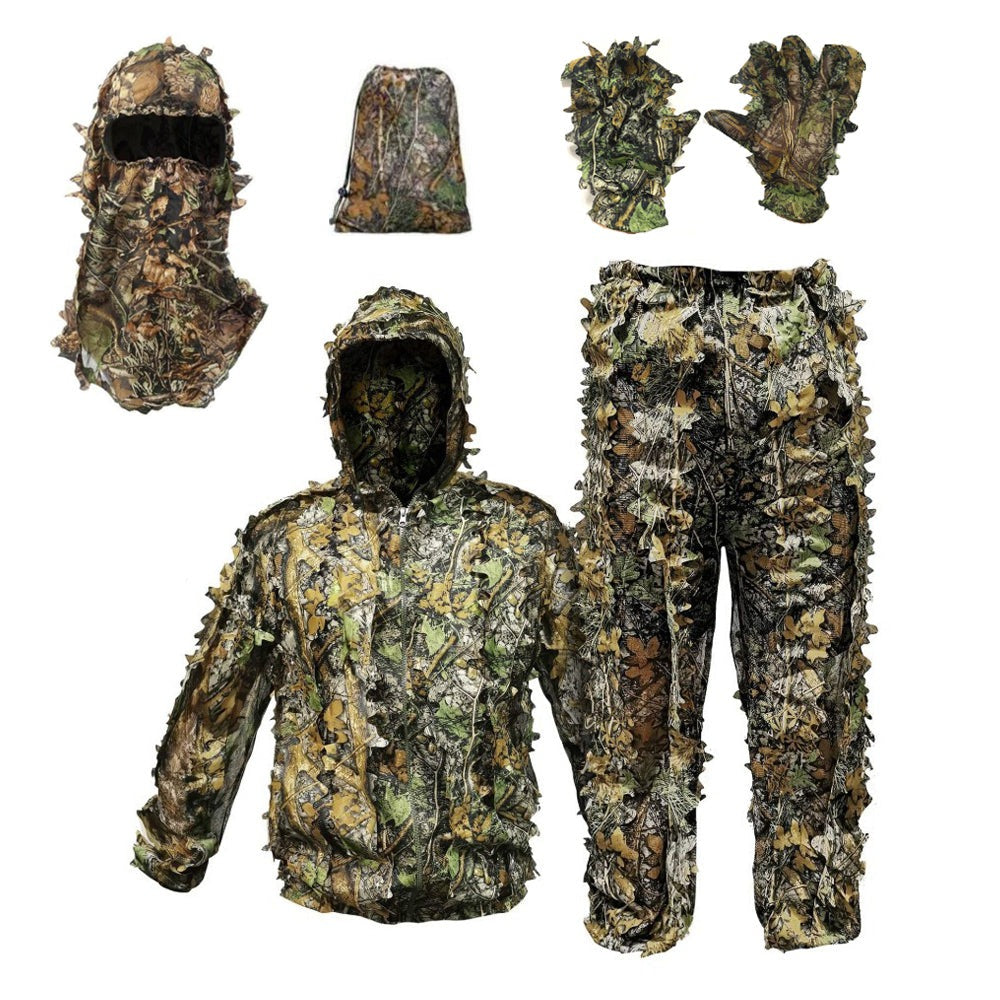 Roupa camuflada para caça 3D leve e respirável, ideal para atividades ao ar livre.