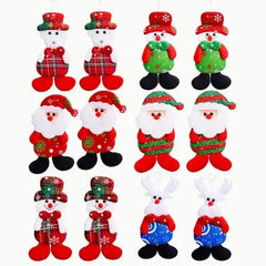 Enfeite de Natal em tecido com bonecos decorativos para árvore, incluindo Papai Noel e boneco de neve, ideal para criar uma atmosfera festiva.