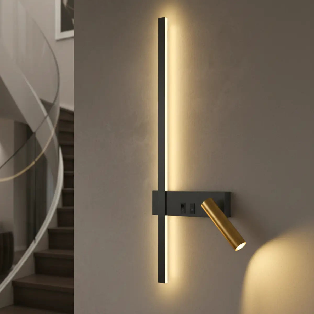 Comprar arandela de parede LED linear minimalista preta com spot dourado articulado para quarto casal e sala barato em promoção