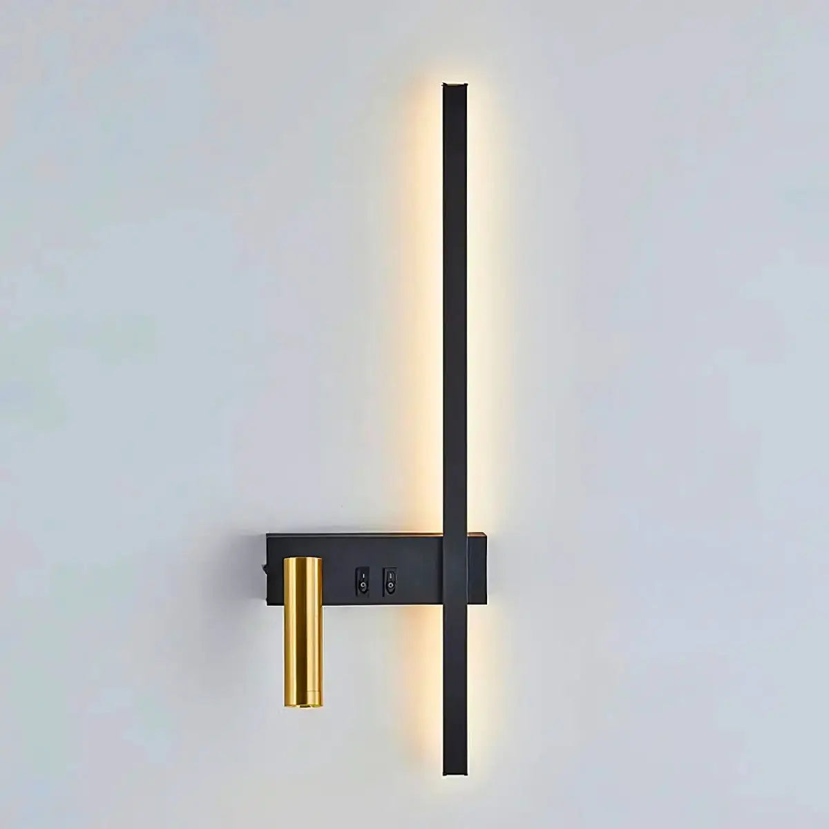 Comprar arandela de parede LED linear minimalista preta com spot dourado articulado para quarto casal e sala barato em promoção