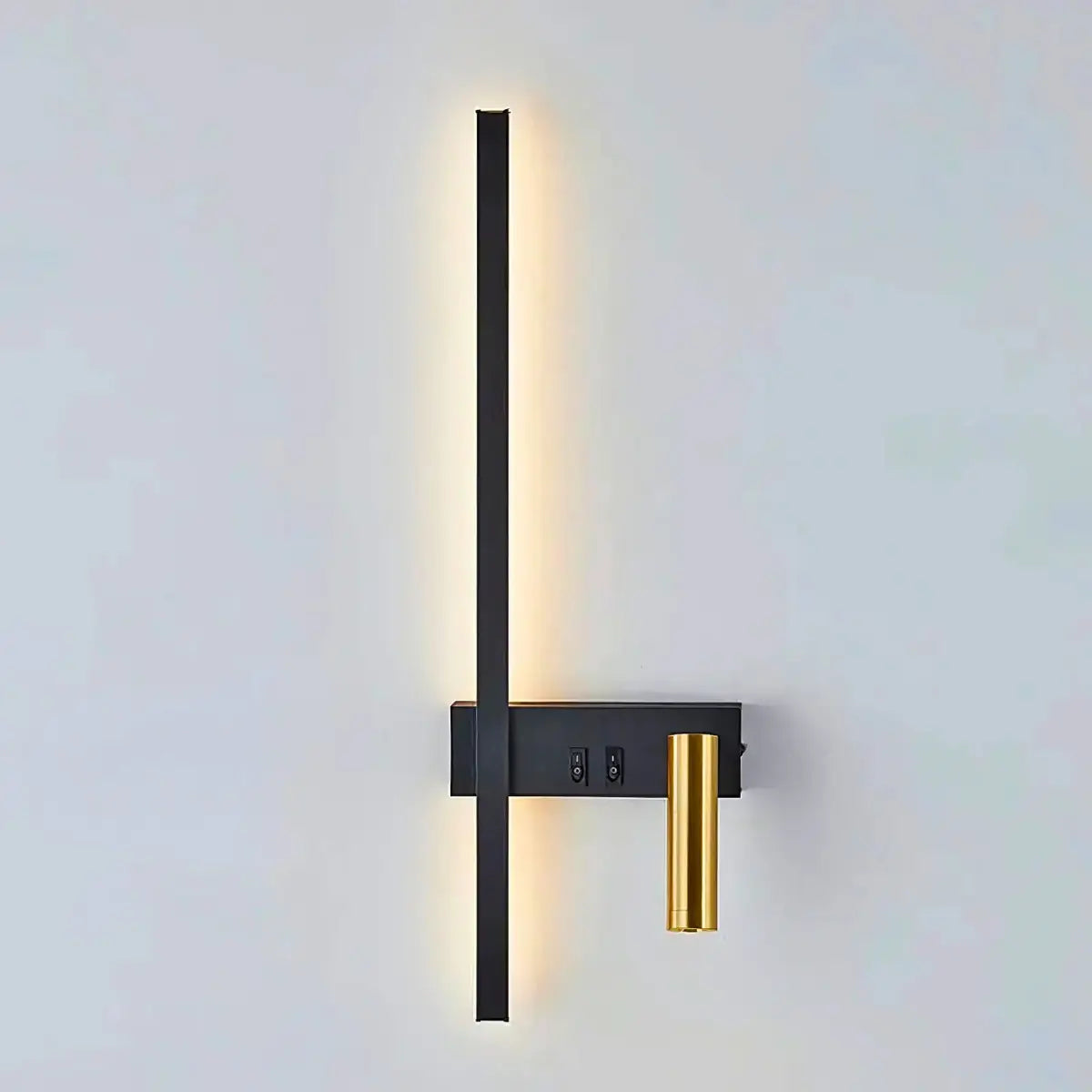 Comprar arandela de parede LED linear minimalista preta com spot dourado articulado para quarto casal e sala barato em promoção