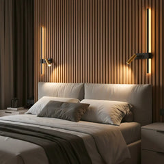 Comprar arandela de parede LED linear minimalista preta com spot dourado articulado para quarto casal e sala barato em promoção