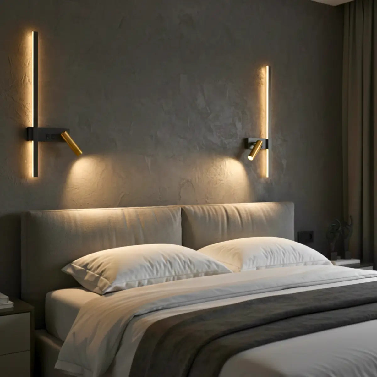 Comprar arandela de parede LED linear minimalista preta com spot dourado articulado para quarto casal e sala barato em promoção