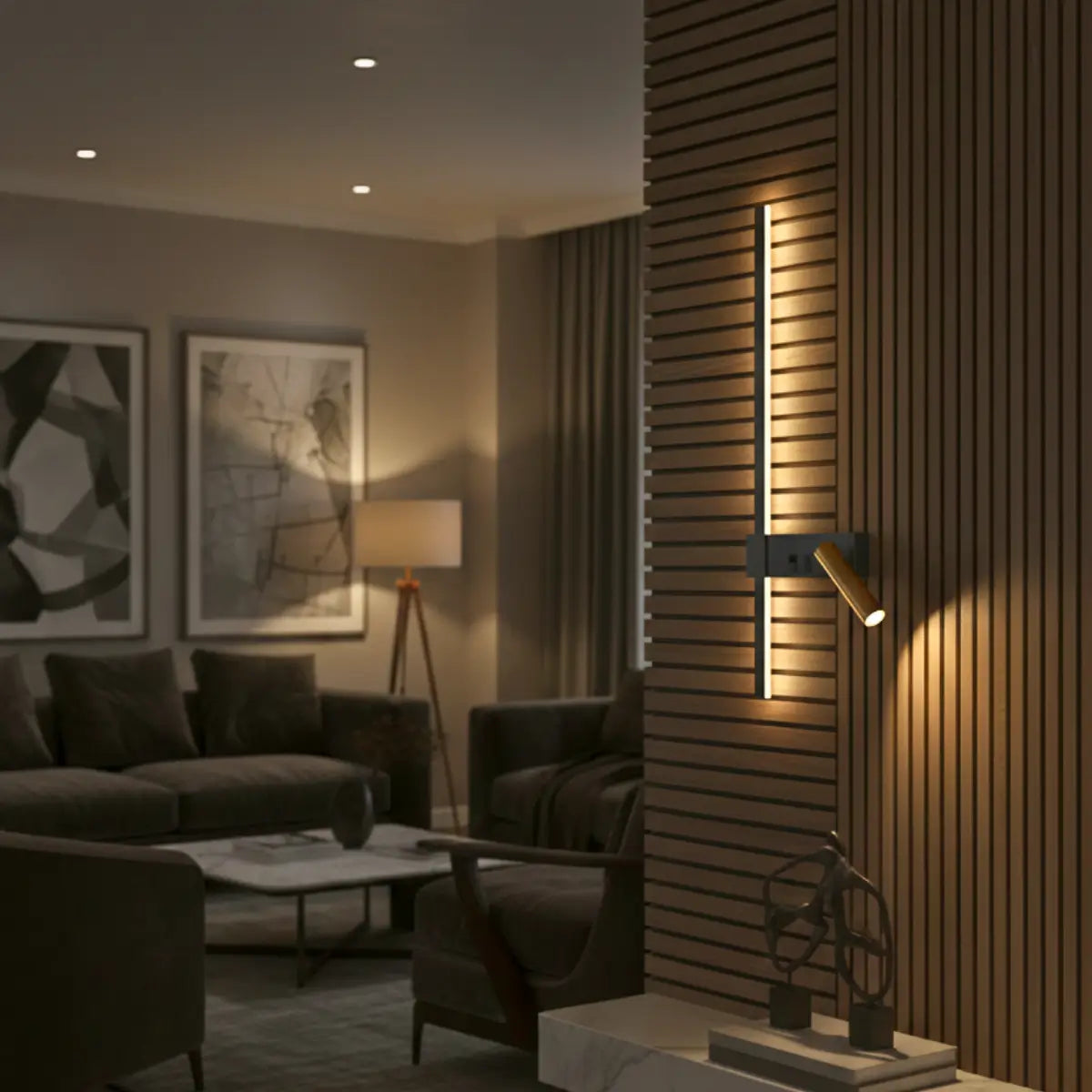 Comprar arandela de parede LED linear minimalista preta com spot dourado articulado para quarto casal e sala barato em promoção