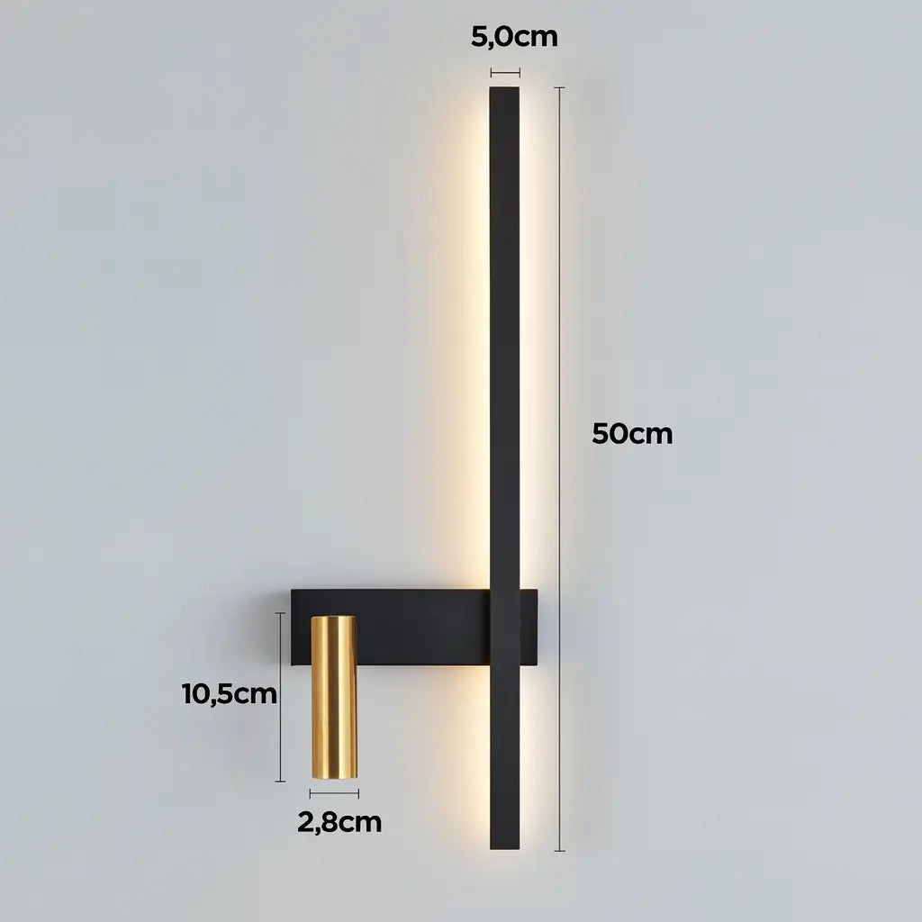 Comprar arandela de parede LED linear minimalista preta com spot dourado articulado para quarto casal e sala barato em promoção