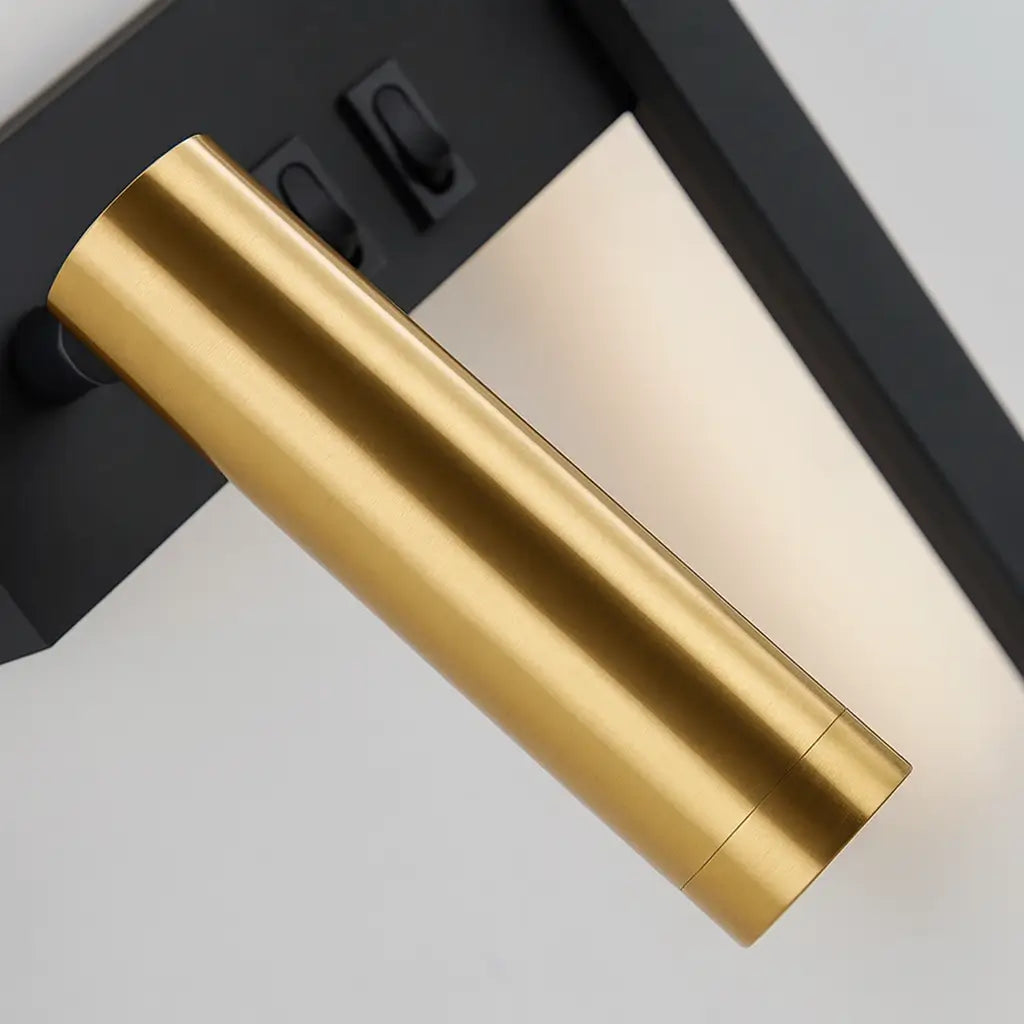 Comprar arandela de parede LED linear minimalista preta com spot dourado articulado para quarto casal e sala barato em promoção