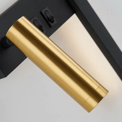 Comprar arandela de parede LED linear minimalista preta com spot dourado articulado para quarto casal e sala barato em promoção