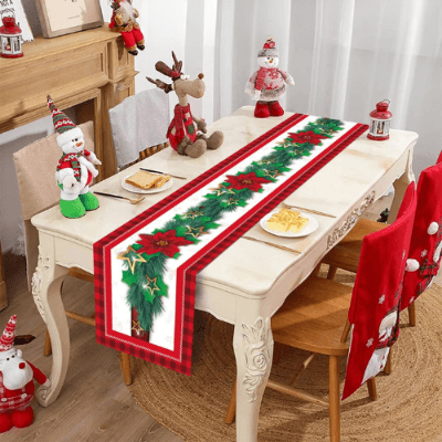 Encante suas celebrações com o Caminho de Mesa Natalino. Padrões festivos em poliéster premium para uma decoração única e memoráve