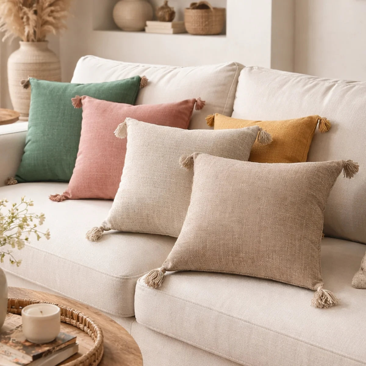 Comprar capa de almofada linho 45x45 decorativa sofá franjas borlas natural japonês minimalista barato em promoção POLIDEIA