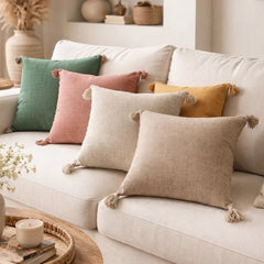 Comprar capa de almofada linho 45x45 decorativa sofá franjas borlas natural japonês minimalista barato em promoção POLIDEIA